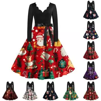 Женское повседневное модное рождественское платье с V-образным вырезом в винтажном стиле XXXL