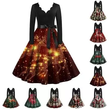 Женское повседневное модное рождественское платье с V-образным вырезом в винтажном стиле M киноварь