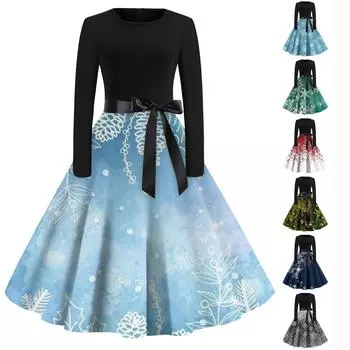 Женское повседневное модное рождественское платье с длинными рукавами и принтом снежинок, вечерние повседневные платья с вырезом и круглым вырезом XXL