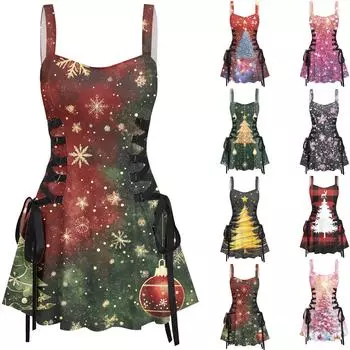 Женское повседневное модное рождественское платье с сексуальным принтом на бретельках в стиле ретро с короткими юбками в стиле ретро L красный