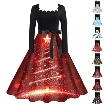 Женское повседневное модное рождественское платье с квадратным вырезом в винтажном стиле S