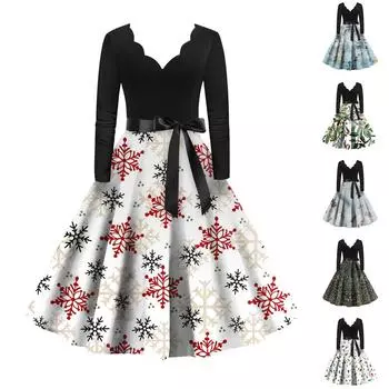 Женское повседневное модное рождественское принтованное винтажное платье с длинным рукавом M розовый