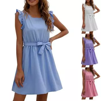 Женское повседневное, модное, сексуальное и удобное однотонное индивидуальное прохладное и дышащее платье с поясом L светло-фиолетовый