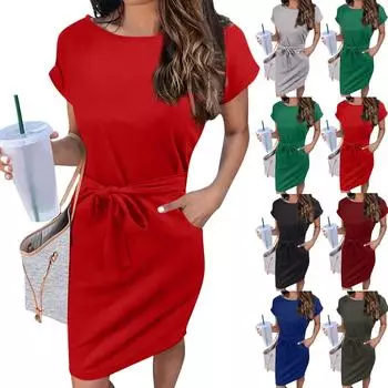 Женское повседневное модное сексуальное однотонное платье с круглым вырезом и коротким рукавом с поясом XXL чёрный