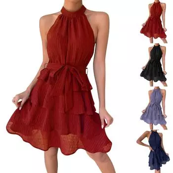 Женское повседневное модное сексуальное однотонное удобное и классное платье с поясом и круглым вырезом L чёрный