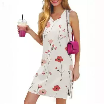 Женское повседневное модное сексуальное платье без рукавов с V-образным вырезом и цветочным подолом L белый