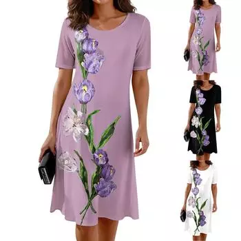 Женское повседневное модное сексуальное платье с цветочным принтом и круглым вырезом L чёрный