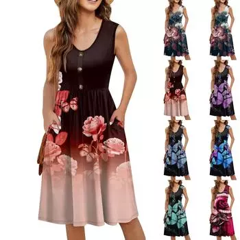 Женское повседневное модное сексуальное платье с v-образным вырезом и пуговицами без рукавов с цветочным принтом L чёрный