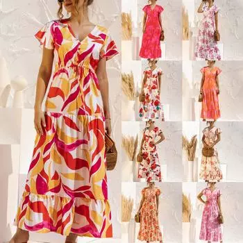 Женское повседневное модное сексуальное платье с v-образным вырезом и пуговицами, короткими рукавами и высокой талией, на шнуровке, в богемном стиле, большие качели XL