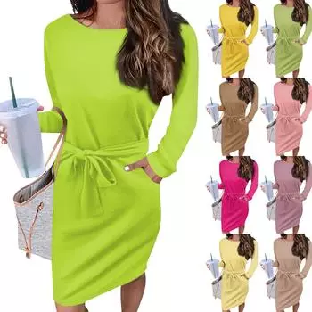 Женское повседневное модное сексуальное платье с круглым вырезом и длинным рукавом на талии, однотонное платье L зелёный