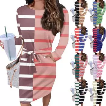 Женское повседневное модное сексуальное платье с круглым вырезом и длинными рукавами в полоску L армия зеленый