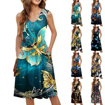 Женское повседневное модное сексуальное платье с v-образным вырезом и пуговицами без рукавов на талии с принтом бабочки L