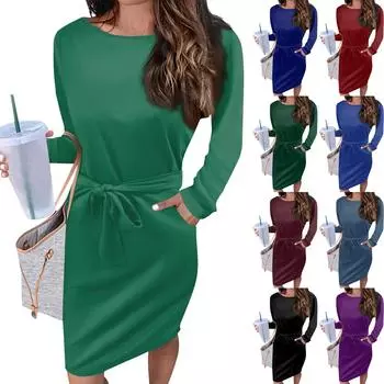 Женское повседневное модное сексуальное платье с круглым вырезом и длинным рукавом на талии, однотонное платье L армия зеленый