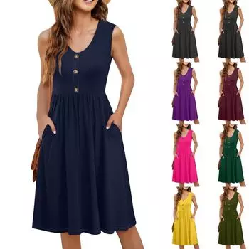 Женское повседневное модное сексуальное платье с V-образным вырезом и пуговицами без рукавов, однотонное платье на талии L армия зеленый