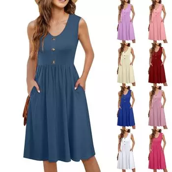 Женское повседневное модное сексуальное платье с V-образным вырезом и пуговицами без рукавов, однотонное платье на талии L синий