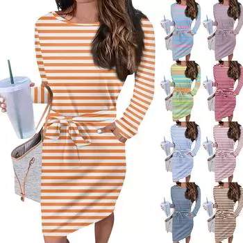 Женское повседневное модное сексуальное платье с круглым вырезом и длинными рукавами в полоску M