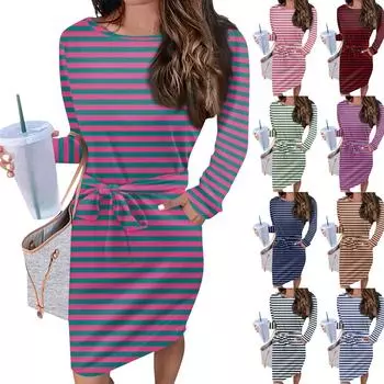 Женское повседневное модное сексуальное платье с круглым вырезом и длинными рукавами в полоску M
