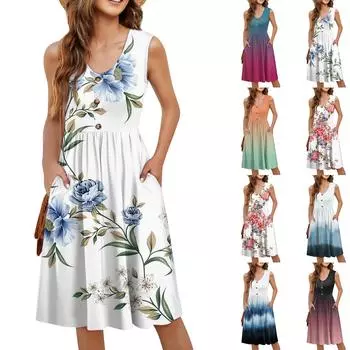 Женское повседневное модное сексуальное платье с v-образным вырезом и пуговицами без рукавов на талии с градиентным принтом XL