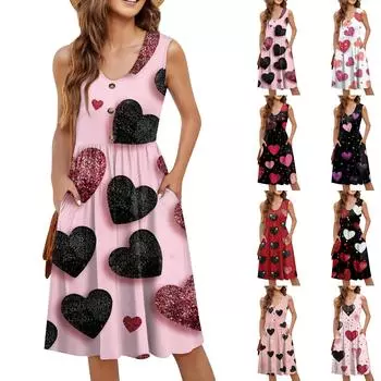 Женское повседневное модное сексуальное платье-туника без рукавов с V-образным вырезом и пуговицами на День святого Валентина L чёрный