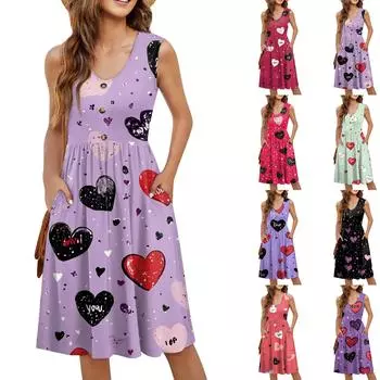 Женское повседневное модное сексуальное платье-туника без рукавов с V-образным вырезом и пуговицами на День святого Валентина L чёрный