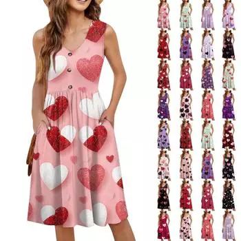 Женское повседневное модное сексуальное платье-туника без рукавов с V-образным вырезом и пуговицами на День святого Валентина L чёрный