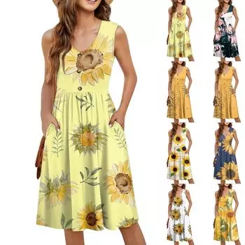 Женское повседневное модное сексуальное платье с v-образным вырезом и пуговицами без рукавов на талии с принтом подсолнечника XXXL розовый