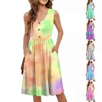 Женское повседневное модное сексуальное платье с v-образным вырезом и пуговицами без рукавов на талии с градиентным принтом XXXL