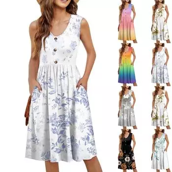 Женское повседневное модное сексуальное платье с v-образным вырезом и пуговицами без рукавов с цветочным принтом L чёрный