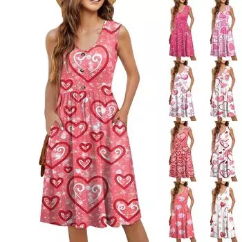 Женское повседневное модное сексуальное платье-туника без рукавов с V-образным вырезом и пуговицами на День святого Валентина L розовый