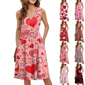 Женское повседневное модное сексуальное платье-туника без рукавов с V-образным вырезом и пуговицами на День святого Валентина L