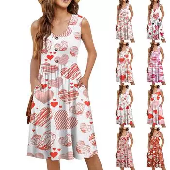 Женское повседневное модное сексуальное платье-туника без рукавов с V-образным вырезом и пуговицами на День святого Валентина M