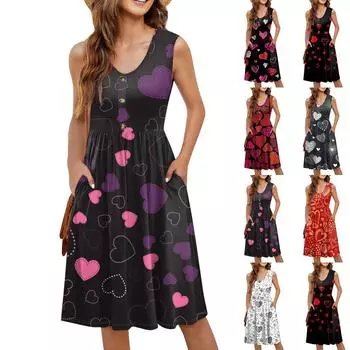 Женское повседневное модное сексуальное платье-туника без рукавов с V-образным вырезом и пуговицами на День святого Валентина XL