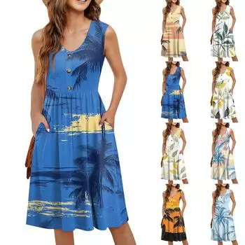 Женское повседневное модное сексуальное платье с V-образным вырезом, украшением на пуговицах, без рукавов, с принтом, бутоньеркой L чёрный