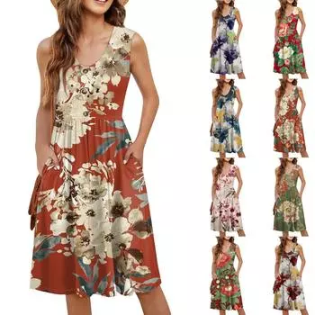 Женское повседневное модное сексуальное платье с V-образным вырезом, украшением на пуговицах, без рукавов, с принтом, бутоньеркой XL чёрный