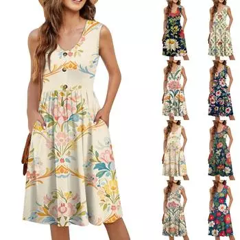 Женское повседневное модное сексуальное платье с V-образным вырезом, украшением на пуговицах, без рукавов, с принтом, бутоньеркой L