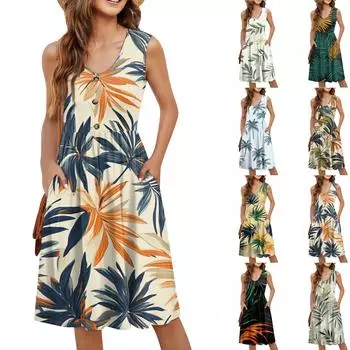 Женское повседневное модное сексуальное платье с V-образным вырезом, украшением на пуговицах, без рукавов, с принтом, бутоньеркой XXXL