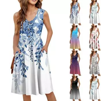 Женское повседневное модное сексуальное платье с v-образным вырезом и пуговицами без рукавов с графическим принтом L винный