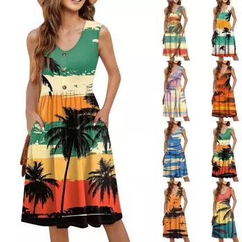 Женское повседневное модное сексуальное платье с V-образным вырезом, украшением на пуговицах, без рукавов, с принтом, бутоньеркой L чёрный