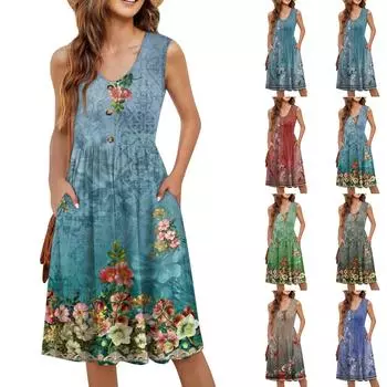 Женское повседневное модное сексуальное платье с v-образным вырезом и пуговицами без рукавов с цветочным принтом M винный