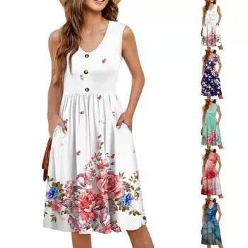 Женское повседневное модное сексуальное платье с v-образным вырезом и пуговицами без рукавов на талии с градиентным принтом S