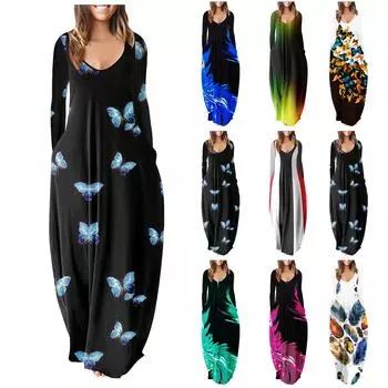 Женское повседневное модное сексуальное платье больших размеров с v-образным вырезом и карманом с длинными рукавами и принтом S