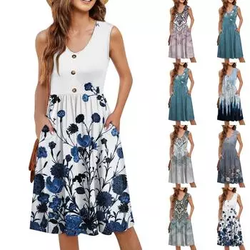 Женское повседневное модное сексуальное платье с v-образным вырезом и пуговицами без рукавов на талии с градиентным принтом L синий