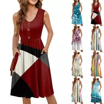 Женское повседневное модное сексуальное платье с v-образным вырезом и пуговицами без рукавов на талии с градиентным принтом XXXL