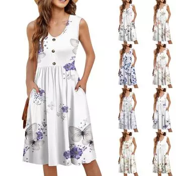 Женское повседневное модное сексуальное платье с v-образным вырезом и пуговицами без рукавов с цветочным принтом M синий