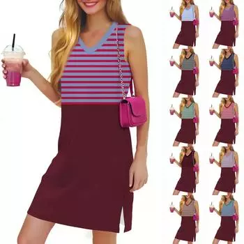 Женское повседневное модное сексуальное платье без рукавов с V-образным вырезом и разрезом по низу в полоску L армия зеленый