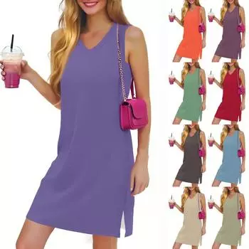 Женское повседневное модное сексуальное платье с V-образным вырезом без рукавов, однотонное платье с разрезом по низу L армия зеленый