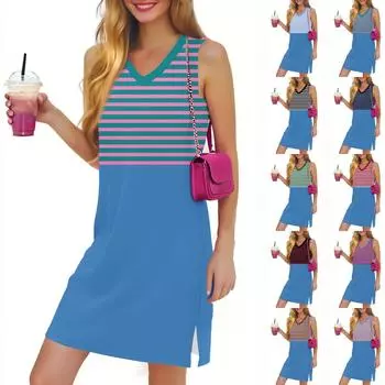 Женское повседневное модное сексуальное платье без рукавов с V-образным вырезом и разрезом по низу в полоску L армия зеленый