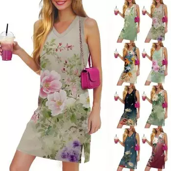 Женское повседневное модное сексуальное платье без рукавов с V-образным вырезом и цветочным подолом L армия зеленый