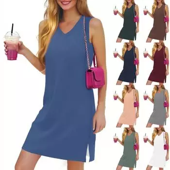 Женское повседневное модное сексуальное платье с V-образным вырезом без рукавов, однотонное платье с разрезом по низу L армия зеленый