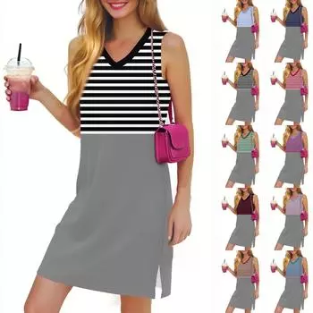 Женское повседневное модное сексуальное платье без рукавов с V-образным вырезом и разрезом по низу в полоску M